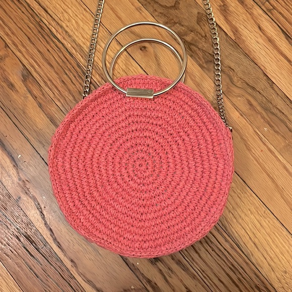 H&M BLOGGER PINK & GOLD ROUND STRAW CROSSBODY BAG PURSE - Picture 5 of 7